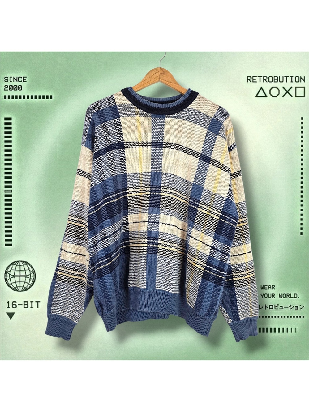 Vintage 90s Patterned Knit Sweater Blue Size XXL Fits XL